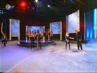 Kylie with Thomas Gottschalk after her 'Slow' performance